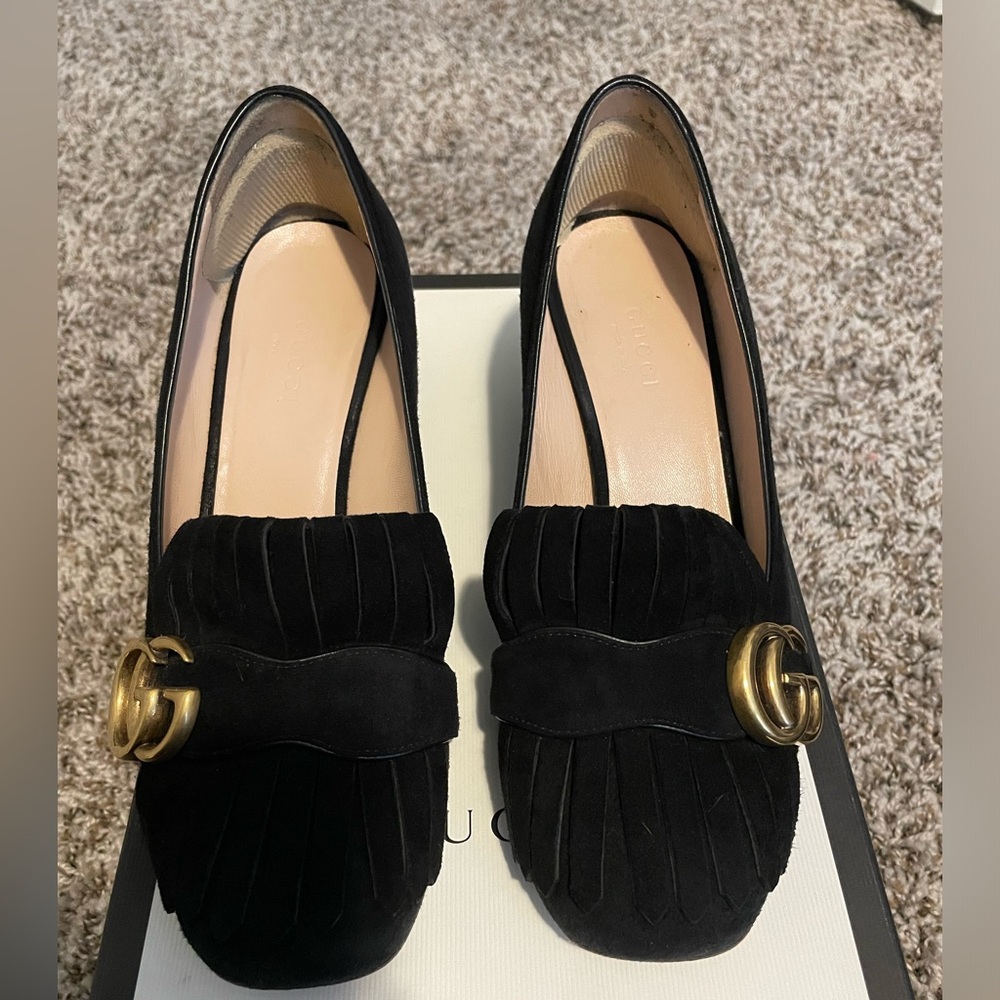 Gucci Marmont GG Gold Logo Kiltie Loafers